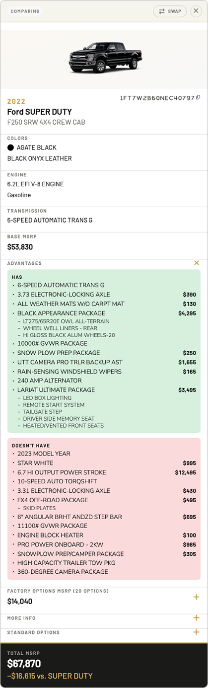 Decoded specifications for the second vehicle: colors, engine, transmission, MSRP, and factory options