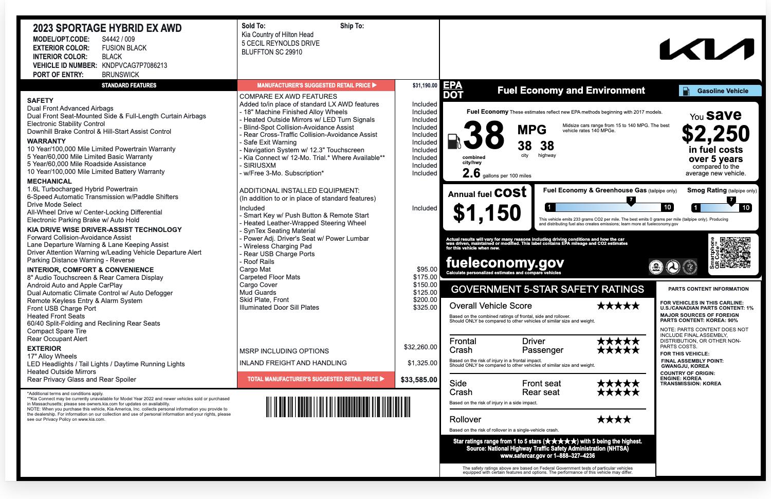 2023 Kia Sportage Hybrid EX AWD window sticker with the manufacturer's suggested retail price, options pricing, and total MSRP shown