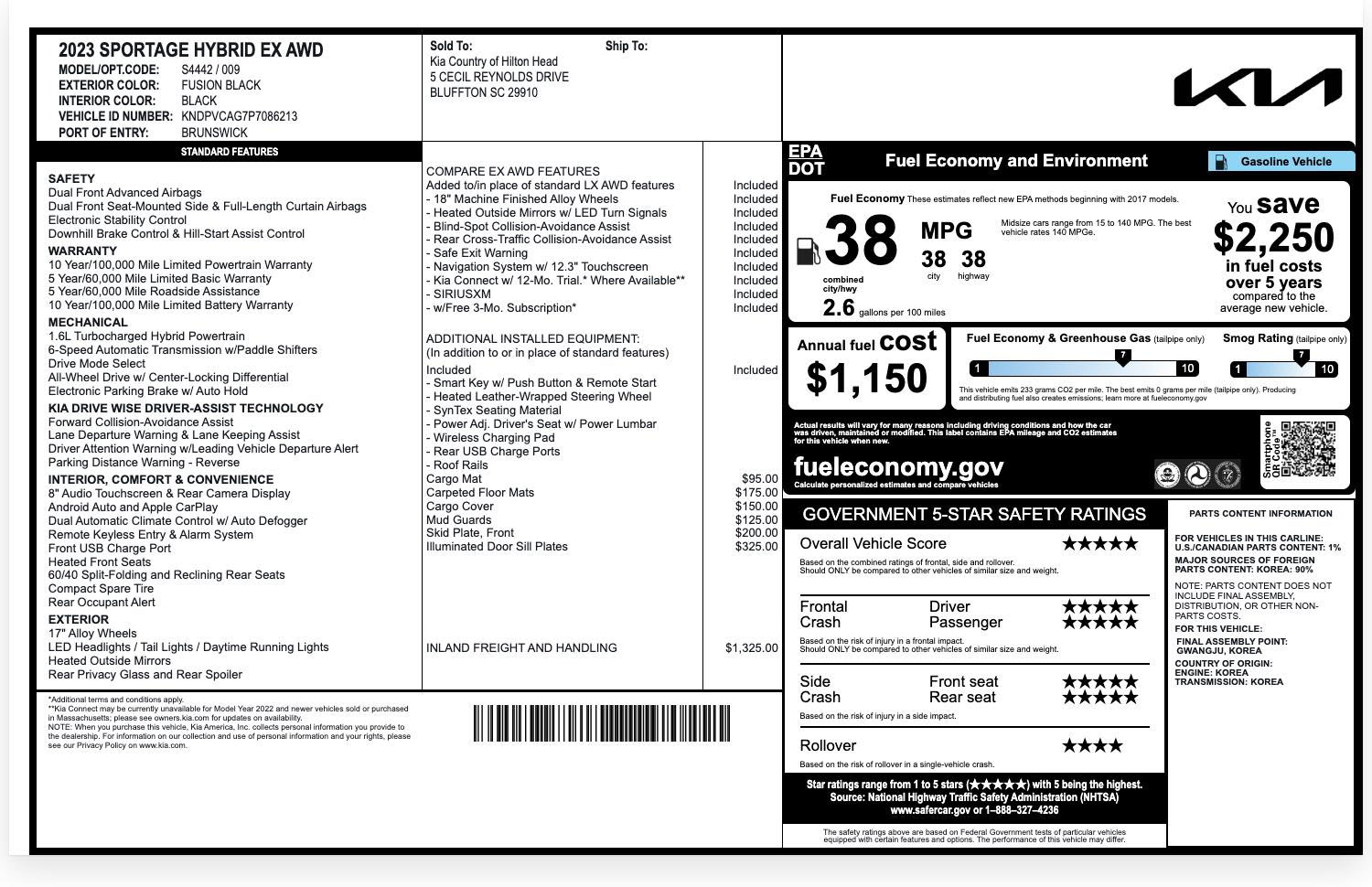 The same 2023 Kia Sportage Hybrid EX AWD window sticker with the base and total MSRP masked, leaving the equipment and options list intact