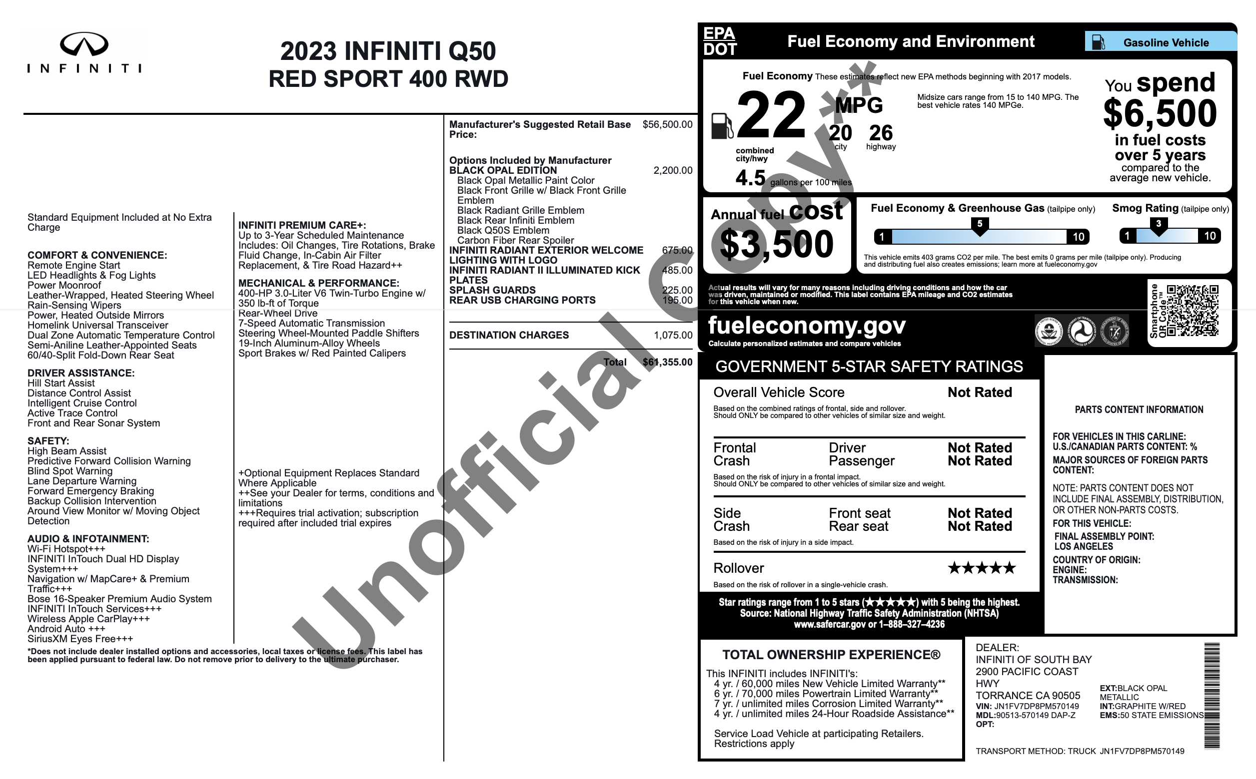 Dealer-reprinted 2023 Toyota Tundra window sticker obscured by a large Not Original Copy watermark