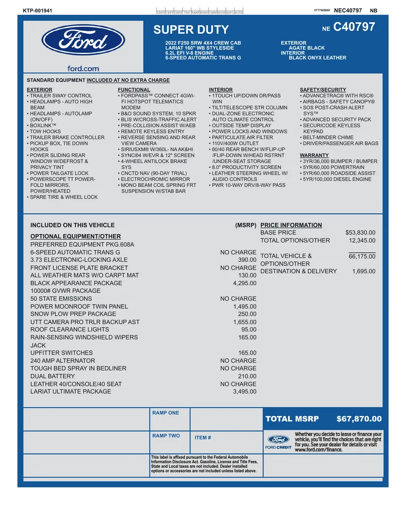 Page one of the printed window sticker: 2022 Ford F-250 Super Duty vehicle description, standard and optional equipment, and MSRP pricing