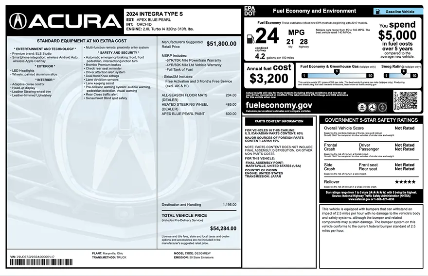 Original Acura factory window sticker with standard equipment, options, pricing, EPA fuel economy, and safety ratings
