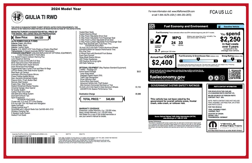 Original Alfa Romeo factory window sticker with standard equipment, options, pricing, EPA fuel economy, and safety ratings