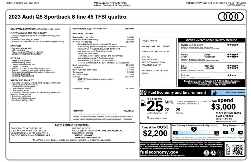 Original Audi factory window sticker with standard equipment, options, pricing, EPA fuel economy, and safety ratings