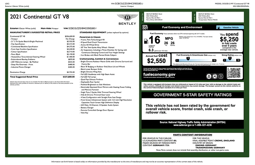 Original Bentley factory window sticker with standard equipment, options, pricing, EPA fuel economy, and safety ratings