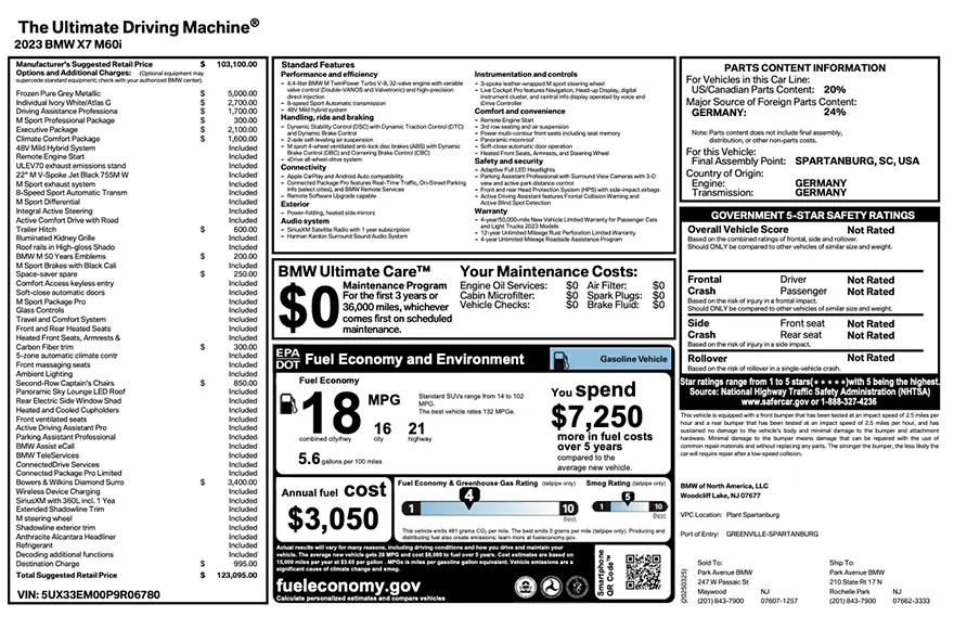 Original BMW factory window sticker with standard equipment, options, pricing, EPA fuel economy, and safety ratings