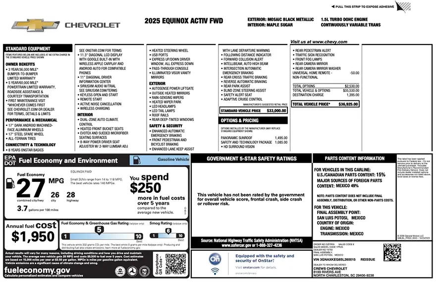 Original Chevrolet factory window sticker with standard equipment, options, pricing, EPA fuel economy, and safety ratings