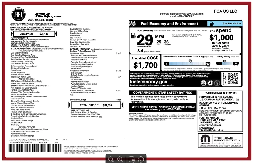 Original Fiat factory window sticker with standard equipment, options, pricing, EPA fuel economy, and safety ratings