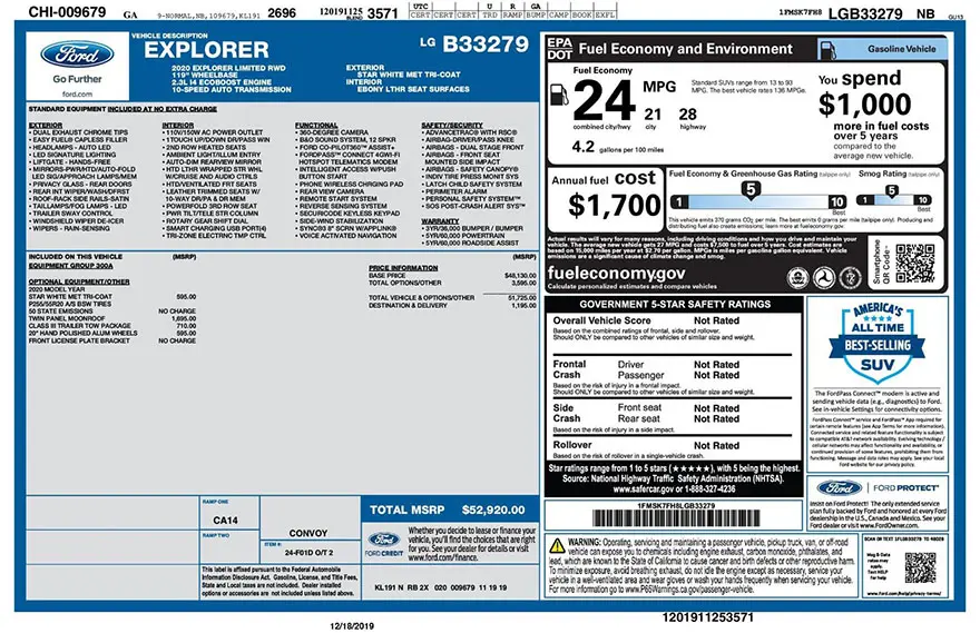 Original 2020 Ford Explorer factory window sticker with standard equipment, options, pricing, EPA fuel economy, and safety ratings