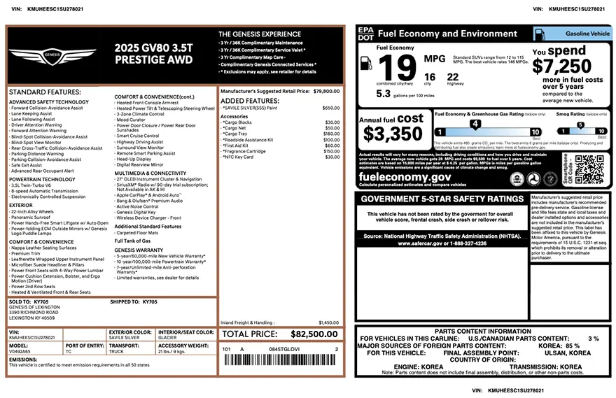 Original Genesis factory window sticker with standard equipment, options, pricing, EPA fuel economy, and safety ratings