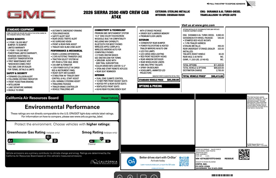 Original GMC factory window sticker with standard equipment, options, pricing, EPA fuel economy, and safety ratings