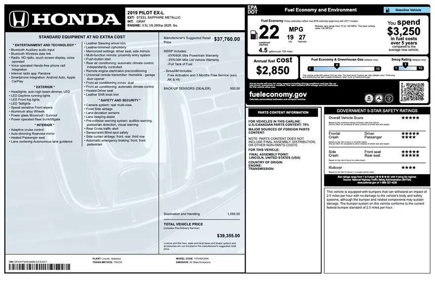 Original Honda factory window sticker with standard equipment, options, pricing, EPA fuel economy, and safety ratings