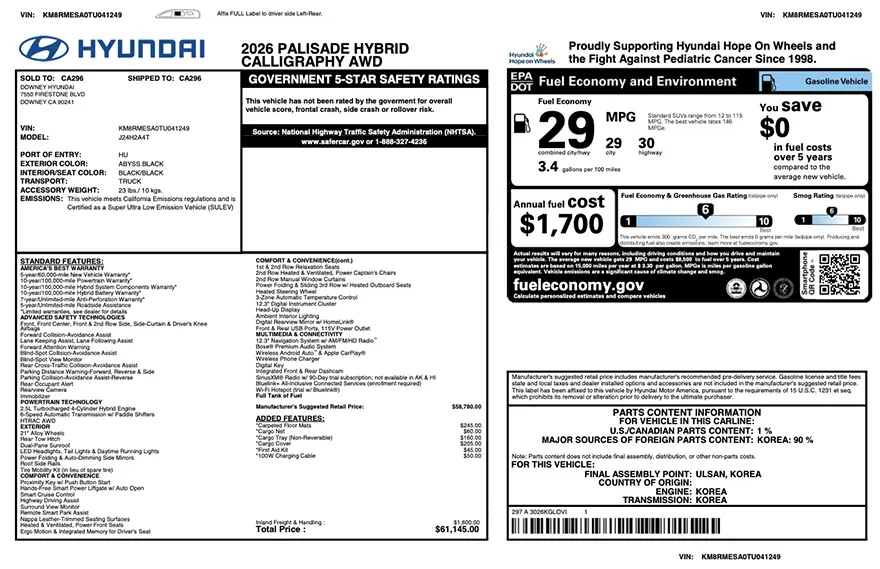 Original Hyundai factory window sticker with standard equipment, options, pricing, EPA fuel economy, and safety ratings