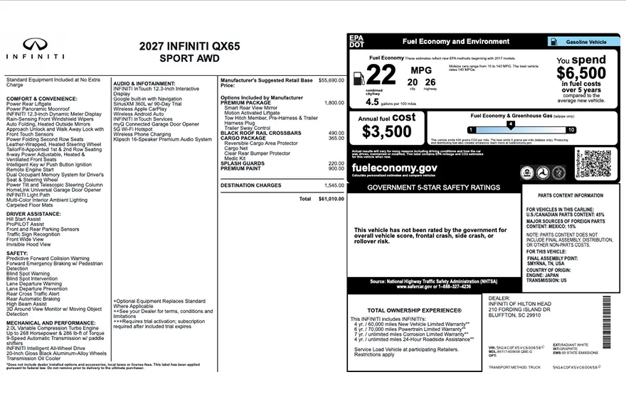 Original Infiniti factory window sticker with standard equipment, options, pricing, EPA fuel economy, and safety ratings