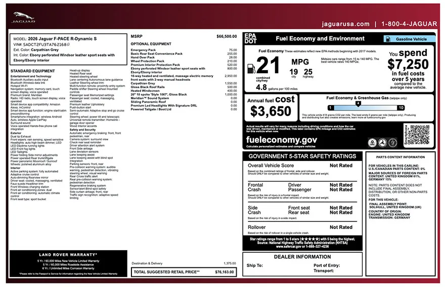 Original 2026 Jaguar F-PACE R-Dynamic S factory window sticker with standard equipment, options, pricing, EPA fuel economy, and safety ratings