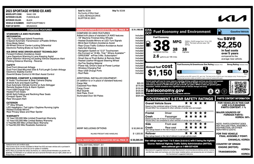 Original Kia factory window sticker with standard equipment, options, pricing, EPA fuel economy, and safety ratings