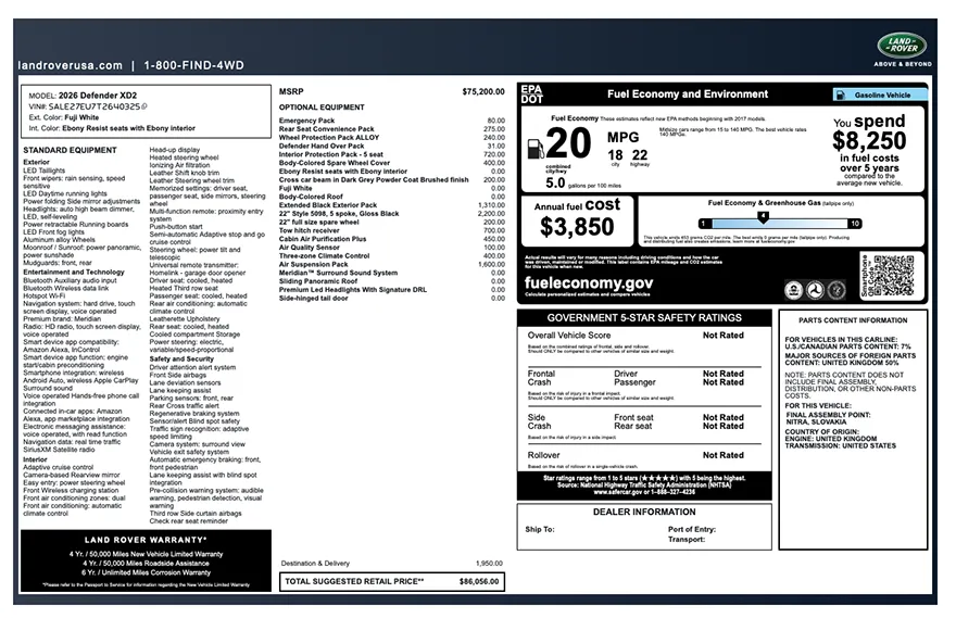 Original Land Rover factory window sticker with standard equipment, options, pricing, EPA fuel economy, and safety ratings