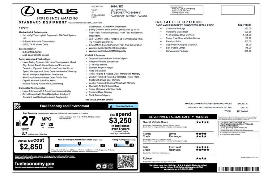 Original Lexus factory window sticker with standard equipment, options, pricing, EPA fuel economy, and safety ratings