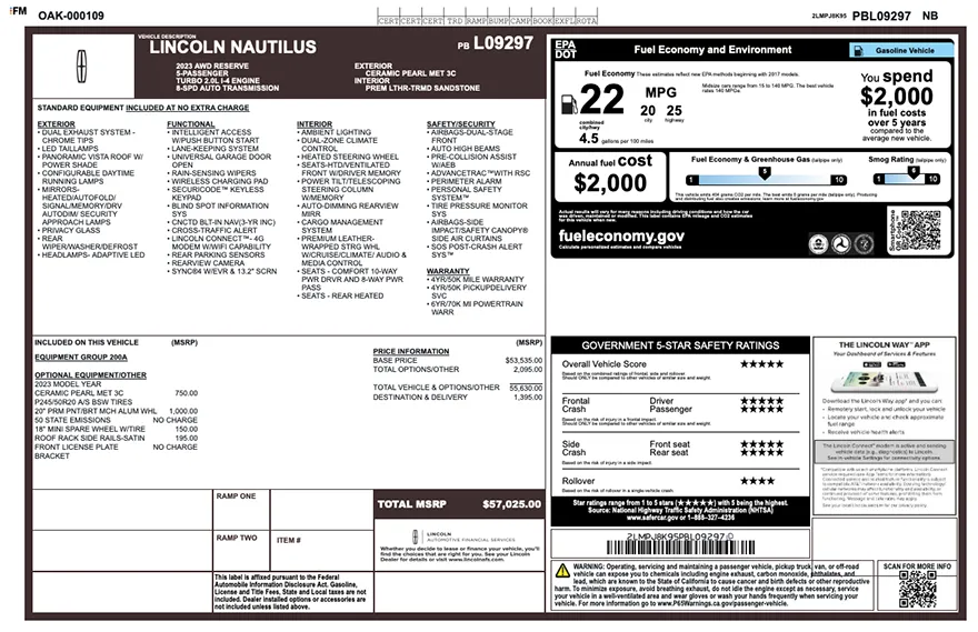 Original Lincoln factory window sticker with standard equipment, options, pricing, EPA fuel economy, and safety ratings