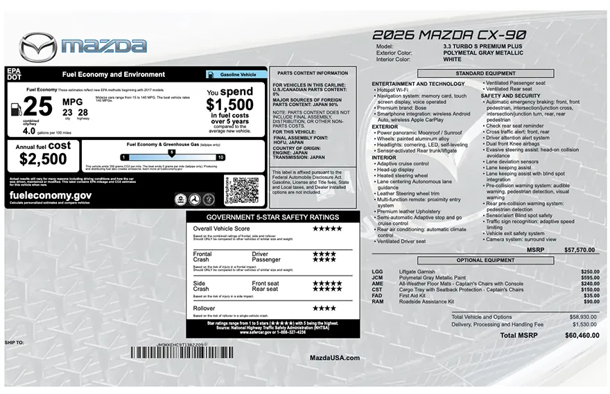 Original Mazda factory window sticker with standard equipment, options, pricing, EPA fuel economy, and safety ratings