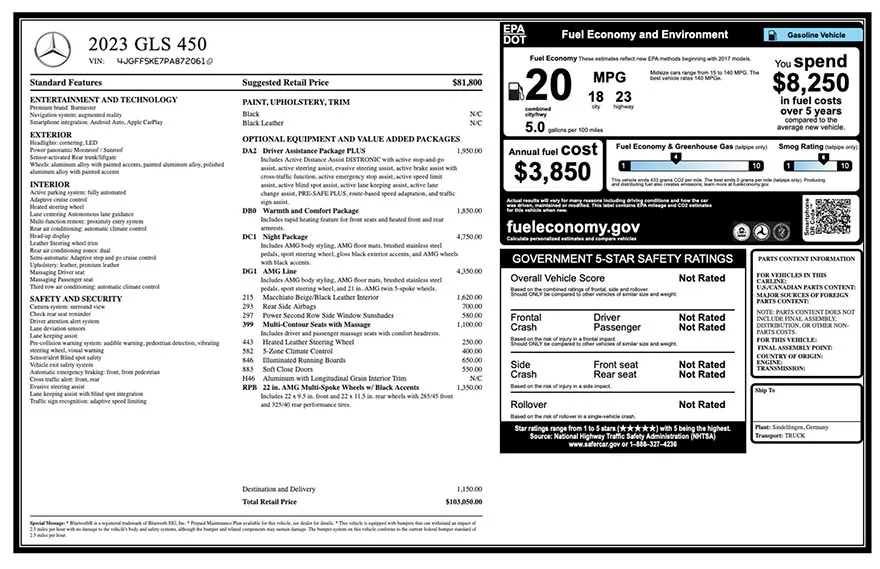 Original 2023 Mercedes-Benz GLS 450 factory window sticker with standard equipment, options, pricing, EPA fuel economy, and safety ratings