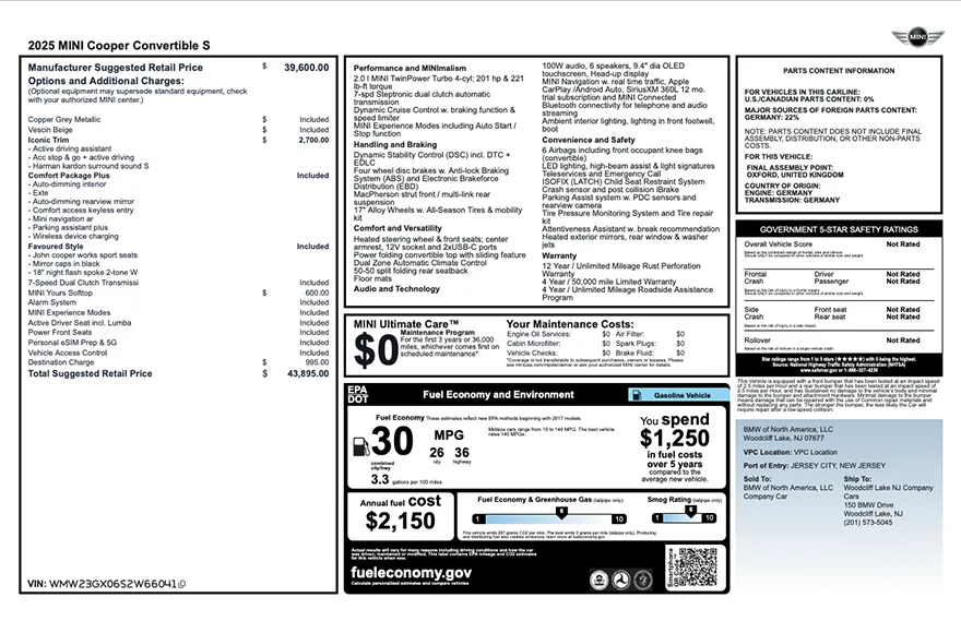Original MINI factory window sticker with standard equipment, options, pricing, EPA fuel economy, and safety ratings