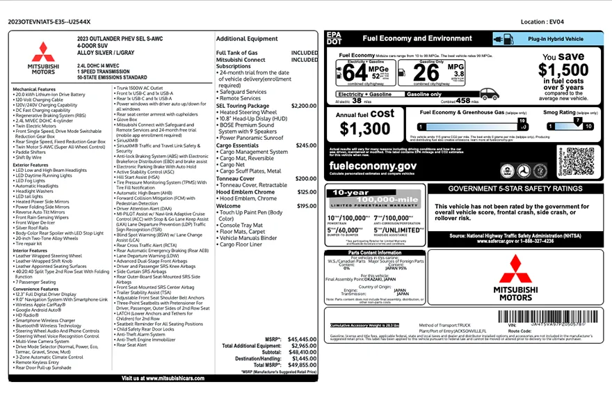 Original Mitsubishi factory window sticker with standard equipment, options, pricing, EPA fuel economy, and safety ratings