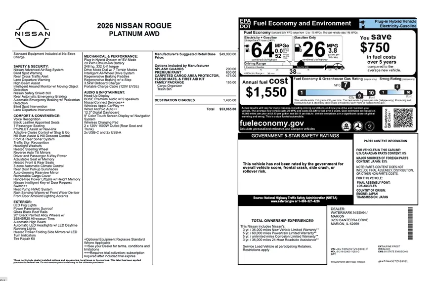 Original Nissan factory window sticker with standard equipment, options, pricing, EPA fuel economy, and safety ratings