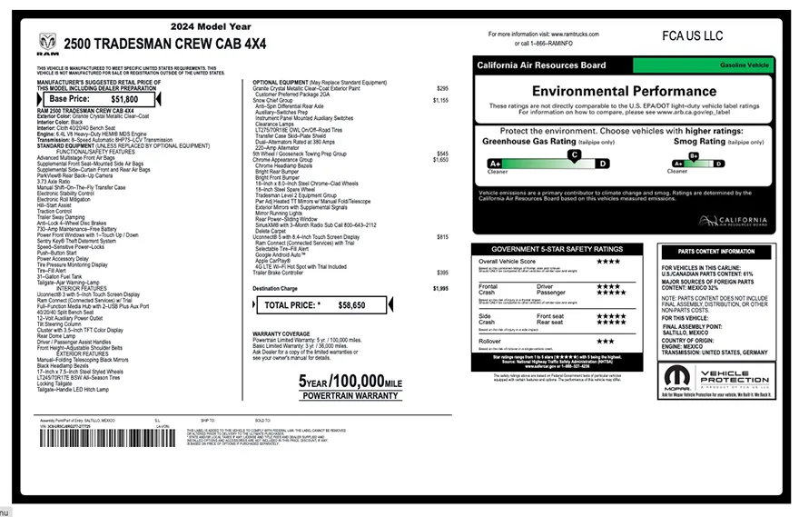 Original Ram factory window sticker with standard equipment, options, pricing, EPA fuel economy, and safety ratings
