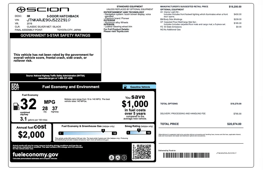 Original Scion factory window sticker with standard equipment, options, pricing, EPA fuel economy, and safety ratings