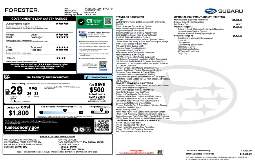 Original Subaru factory window sticker with standard equipment, options, pricing, EPA fuel economy, and safety ratings
