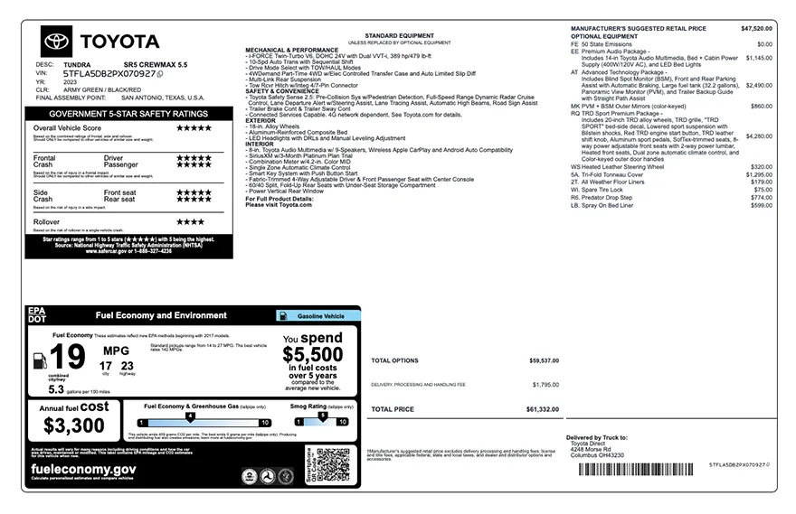 Original Toyota factory window sticker with standard equipment, options, pricing, EPA fuel economy, and safety ratings