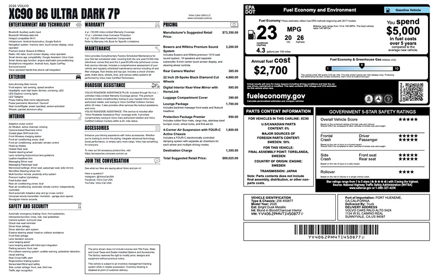 Original Volvo factory window sticker with standard equipment, options, pricing, EPA fuel economy, and safety ratings
